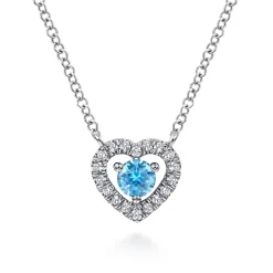 New Gabriel & Co. 14K White Gold Round Blue Topaz and Diamond Heart Pendant Necklace