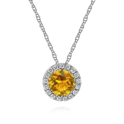 Discount Gabriel & Co. 14K White Gold Round Citrine and Diamond Halo Pendant Necklace
