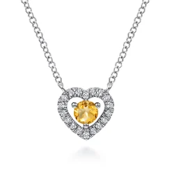 New Gabriel & Co. 14K White Gold Round Citrine and Diamond Heart Pendant Necklace