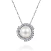 New Gabriel & Co. 14K White Gold Round Cultured Pearl Swirling Diamond Halo Pendant Necklace