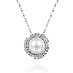 New Gabriel & Co. 14K White Gold Round Cultured Pearl Swirling Diamond Halo Pendant Necklace