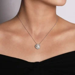 New Gabriel & Co. 14K White Gold Round Cultured Pearl Swirling Diamond Halo Pendant Necklace