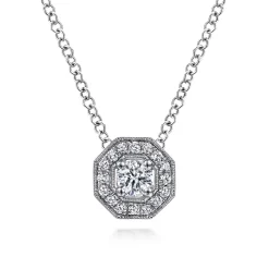 Discount Gabriel & Co. 14K White Gold Round Diamond Octagonal Halo Pendant Necklace