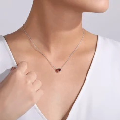 New Gabriel & Co. 14K White Gold Round Garnet and Diamond Halo Pendant Necklace