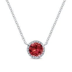 New Gabriel & Co. 14K White Gold Round Garnet and Diamond Halo Pendant Necklace