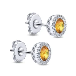 Gabriel & Co. 14K White Gold Round Halo Citrine and Diamond Stud Earrings