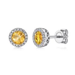 Gabriel & Co. 14K White Gold Round Halo Citrine and Diamond Stud Earrings