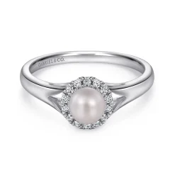 Outlet Gabriel & Co. 14K White Gold Round Pearl and Diamond Halo Ring