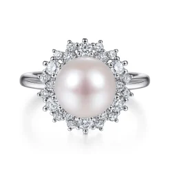 Gabriel & Co. 14K White Gold Round Pearl and Diamond Halo Ring