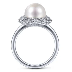 Gabriel & Co. 14K White Gold Round Pearl and Diamond Halo Ring