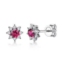 New Gabriel & Co. 14K White Gold Round Ruby and Diamond Halo Stud Earrings
