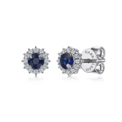 Gabriel & Co. 14K White Gold Round Sapphire and Diamond Halo Stud Earrings