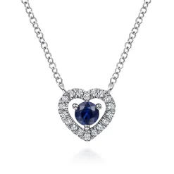 New Gabriel & Co. 14K White Gold Round Sapphire and Diamond Heart Pendant Necklace