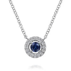 Outlet Gabriel & Co. 14K White Gold Round Sapphire and Pave Diamond Halo Necklace