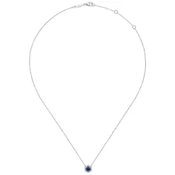 Sale Gabriel & Co. 14K White Gold Round Sapphire and Hexagonal Diamond Halo Pendant Necklace