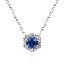 Sale Gabriel & Co. 14K White Gold Round Sapphire and Hexagonal Diamond Halo Pendant Necklace