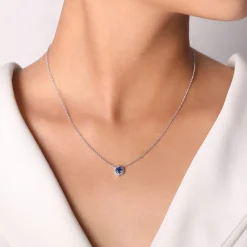 Sale Gabriel & Co. 14K White Gold Round Sapphire and Hexagonal Diamond Halo Pendant Necklace