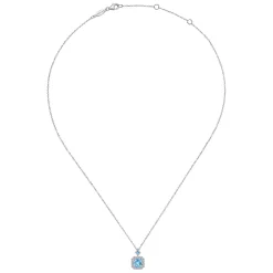 New Gabriel & Co. 14k White Gold Round Swiss Blue Topaz Diamond Halo Pendant Necklace