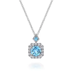 New Gabriel & Co. 14k White Gold Round Swiss Blue Topaz Diamond Halo Pendant Necklace