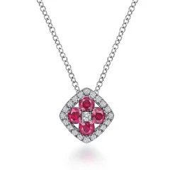 Gabriel & Co. 14K White Gold Ruby and Diamond Halo Floral Pendant Necklace