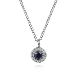 Gabriel & Co. 14K White Gold Sapphire and Diamond Halo Pendant Necklace