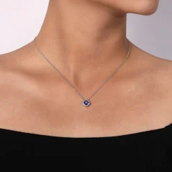 Best Gabriel & Co. 14K White Gold Sapphire and Diamond Halo Floral Pendant Necklace