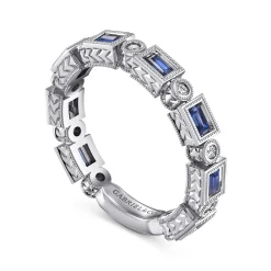 Discount Gabriel & Co. 14K White Gold Sapphire Baguette and Diamond Round Stackable Ring