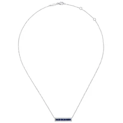 New Gabriel & Co. 14K White Gold Sapphire Baguettes and Diamond Halo Rectangular Bar Necklace