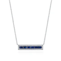 New Gabriel & Co. 14K White Gold Sapphire Baguettes and Diamond Halo Rectangular Bar Necklace