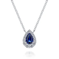 Sale Gabriel & Co. 14k White Gold Sapphire Diamond Halo Teardrop Pendant Necklace