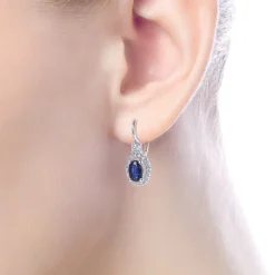 Gabriel & Co. 14K White Gold Sapphire Oval and Diamond Halo Leverback Earrings