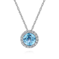 Sale Gabriel & Co. 14K White Gold Swiss Blue Topaz and Diamond Halo Pendant Necklace