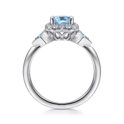 Best Gabriel & Co. 14K White Gold Three Stone Blue Topaz and Diamond Halo Ring