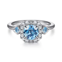 Best Gabriel & Co. 14K White Gold Three Stone Blue Topaz and Diamond Halo Ring