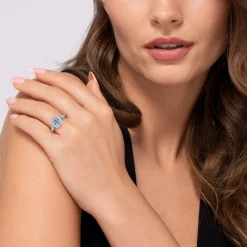 Best Gabriel & Co. 14K White Gold Three Stone Blue Topaz and Diamond Halo Ring