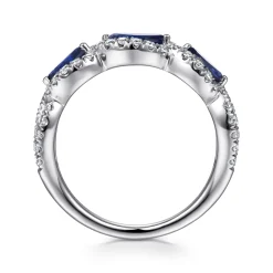 Clearance Gabriel & Co. 14K White Gold Twisted Diamond Rows and Sapphire Marquise Stones Ring