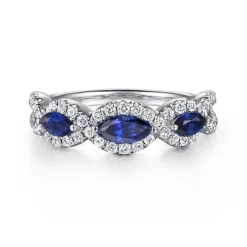 Clearance Gabriel & Co. 14K White Gold Twisted Diamond Rows and Sapphire Marquise Stones Ring