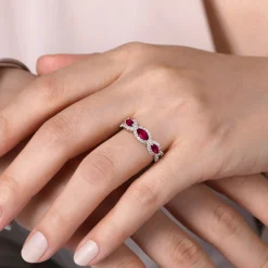 Best Gabriel & Co. 14K White Gold Twisted Diamond Rows and Ruby Marquise Stones Ring