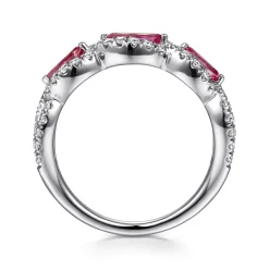 Best Gabriel & Co. 14K White Gold Twisted Diamond Rows and Ruby Marquise Stones Ring