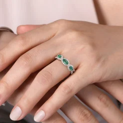 Discount Gabriel & Co. 14K White Gold Twisted Diamond Rows and Emerald Marquise Stones Ring