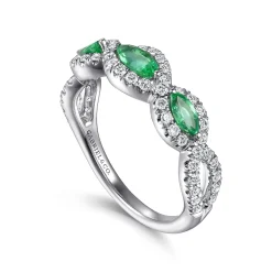 Discount Gabriel & Co. 14K White Gold Twisted Diamond Rows and Emerald Marquise Stones Ring