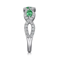 Discount Gabriel & Co. 14K White Gold Twisted Diamond Rows and Emerald Marquise Stones Ring