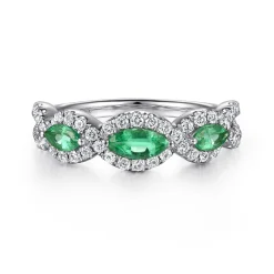 Discount Gabriel & Co. 14K White Gold Twisted Diamond Rows and Emerald Marquise Stones Ring