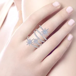 Best Gabriel & Co. 14K White Gold Wide Open Diamond Band and Star Station Statement Ring