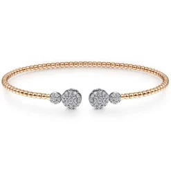 New Gabriel & Co. 14K White Rose Gold Bujukan Bead Split Cuff with Round Diamond Pave Caps