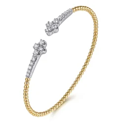 New Gabriel & Co. 14K White Yellow Gold Bujukan and Diamond Clover Open Bangle Bracelet