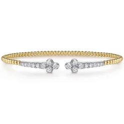 New Gabriel & Co. 14K White Yellow Gold Bujukan and Diamond Clover Open Bangle Bracelet