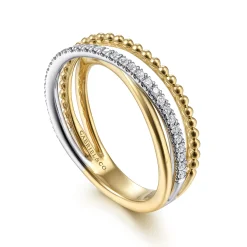 Hot Gabriel & Co. 14K White-Yellow Gold Bujukan Ball and Diamond Criss Cross Ring