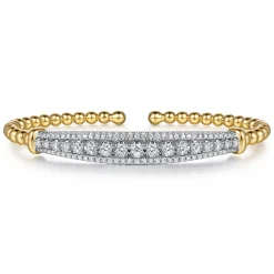 Best Gabriel & Co. 14K White Yellow Gold Bujukan Beaded Graduating Diamond Bar Cuff Bangle Bracelet