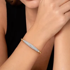 Best Gabriel & Co. 14K White Yellow Gold Bujukan Beaded Graduating Diamond Bar Cuff Bangle Bracelet